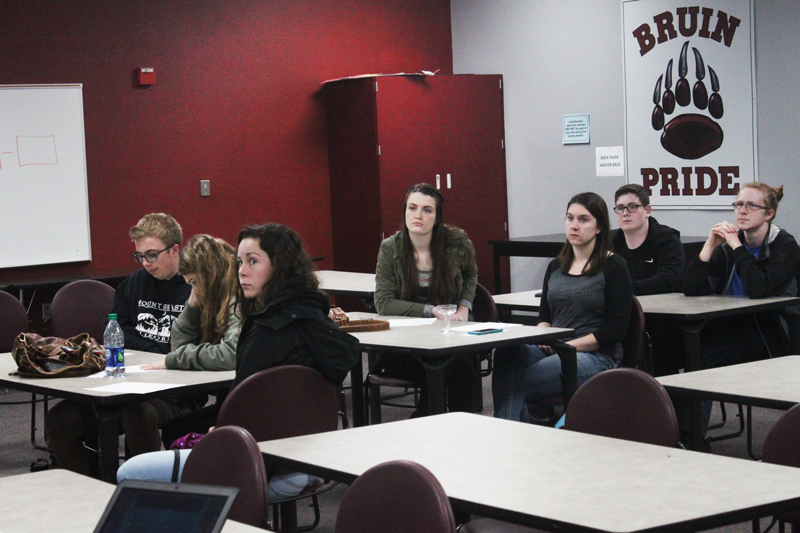 Juniors Abby Weir, Brady Beskeen, Stephanie Merrill and Julia Bohn among others  watching a presentation put together by Nevada Union Counselor Dominie Wilwhite. Photo by Jared Pittsley