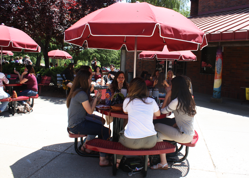 A group of Bear River juniors and seniors enjoy their lunch at one of the new shaded tables found throughout the campus. Photo by Hailey Juergenson