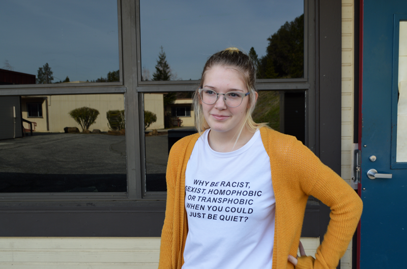 Junior Mackenzie Martin expresses her support of the Times Up movement with her shirt. Photo by McKenna Hisaw