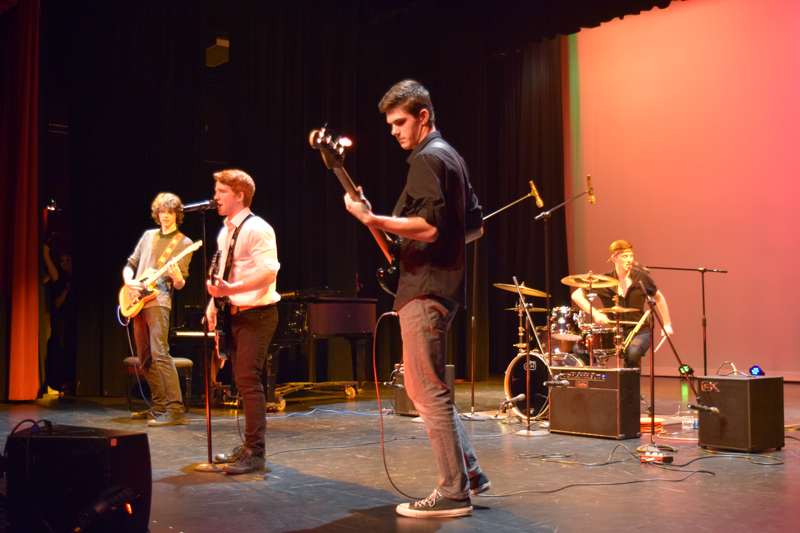 The Hype, which includes Trevor Chandler, a senior, Lukas Brodie, a senior, Cal Wilson, a junior, and Matt Snyder, a senior, perform at the annual Bear River Talent Show. Photo by Taylor Wohlgemuth