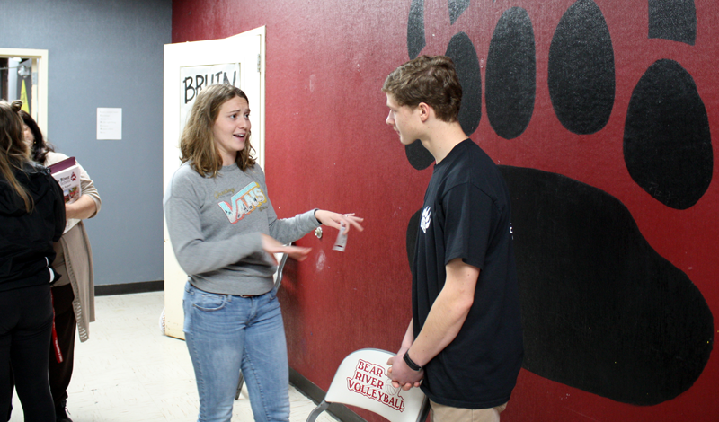 The newly elected ASB President, Junior Maggie OCallaghan, talks to Senior Camden Criesco. Photo by McKenna Hisaw