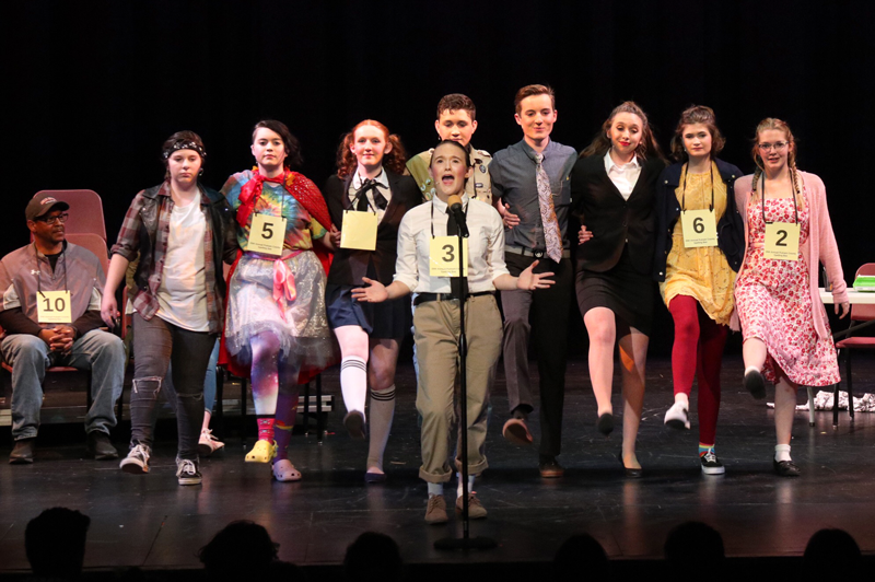 The cast of The 25th Annual Putnam County Spelling Bee performs on Thursday, April 19.  Photo by Taylor Wohlgemuth