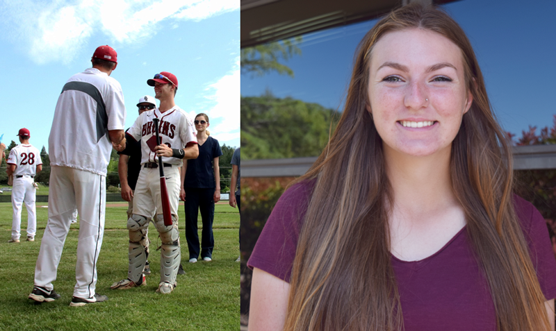 At+left%2C+Senior+Jake+Rogers+is+honored+on+the+baseball+field.+At+right%2C+Senior+Kaitlynn+Maddux+is+known+for+her+outstanding+pitching+skills.+Photos+by+Taylor+Wohlgemuth+and+Bella+Ferrari