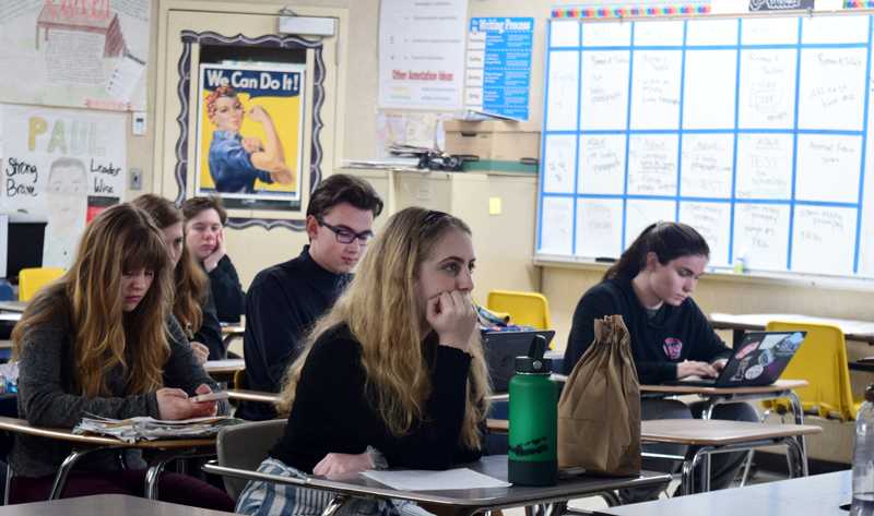 Senior Layla Stroer pays close attention in her AP Literature and Composition class to prepare for AP testing.  Photo by Makenna Hensley. 
