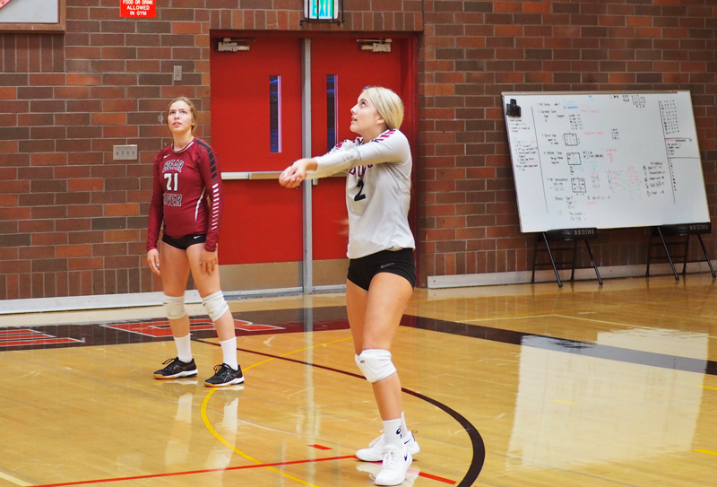 Sophomores Maddie Albee and Molly Fowler are set up for a successful volleyball season.  Photo by Maddie Meilinger. 