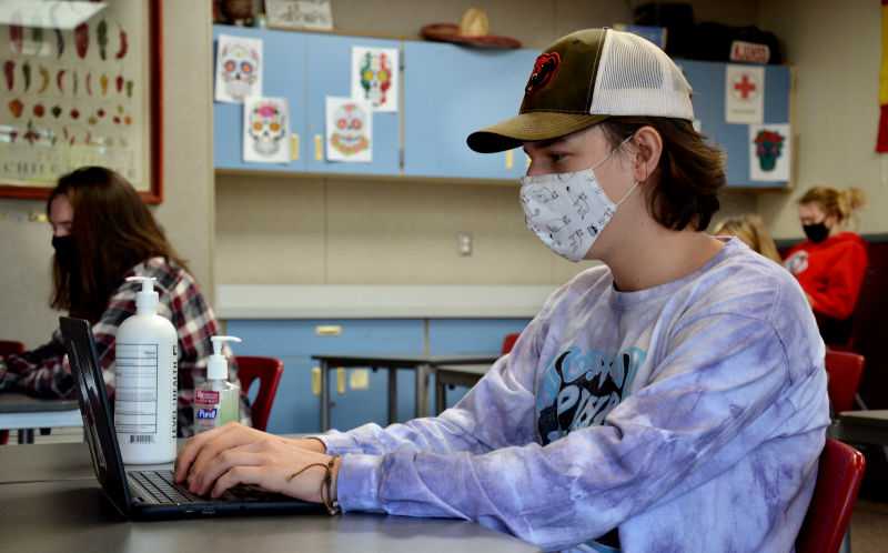 Sophomore Dakota Ayestaran types on his chromebook during an in-person class. Photo by Maya Bussinger