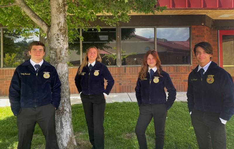 Senior Brody Russell, Juniors Alexandra Boatman, Molly Fowler, and Sophomore Caleb McGehee constitute the FFA Agriculture Sales team who brought home many awards from State Competition. Courtesy Photo