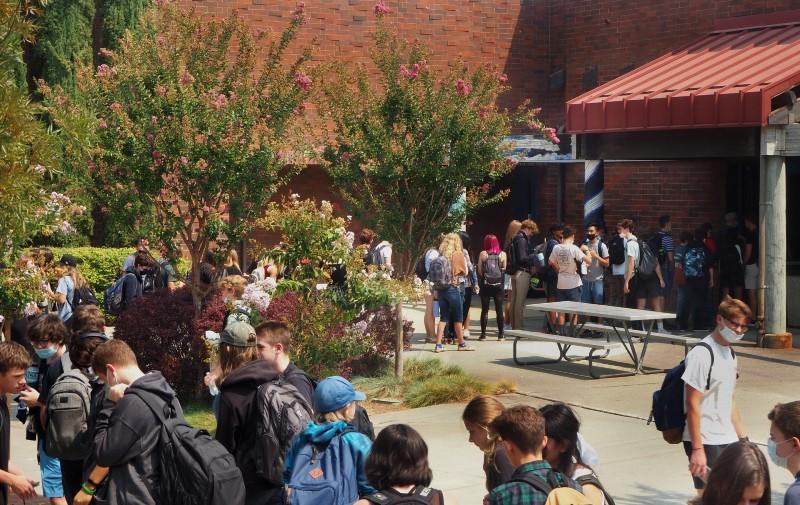 Since lunches have become free, the lunch line has grown greatly.  Photo by Alec Hartman