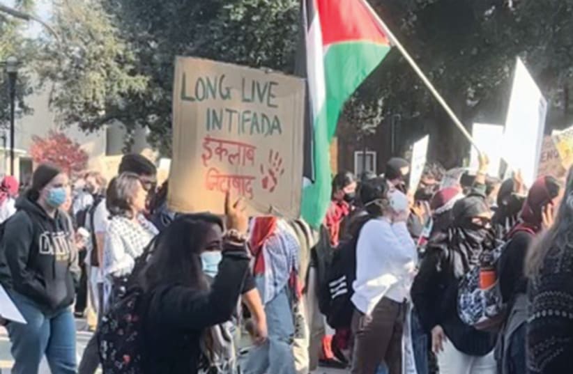 An anti-Israeli protester glorifies the Intifada last November at the UC Davis quad.