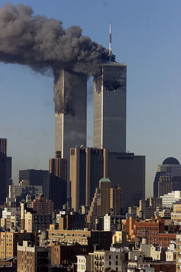 The Twin Towers ablaze in New York City on Sept. 11, 2001.