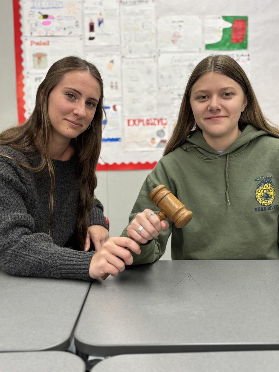 Audra Paasch (10) and Kristi Brink (12) hold the famous Parliamentary Procedure gavel as they smile for a photo. While Audra Paasch does Creed, both she and Kristi have competed at the state level for Parli Pro. 
